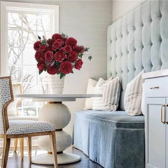 24 Heads Premium Artificial Flowers, Burgundy Silk Flower Peony Bouquets - Picture 5 of 7